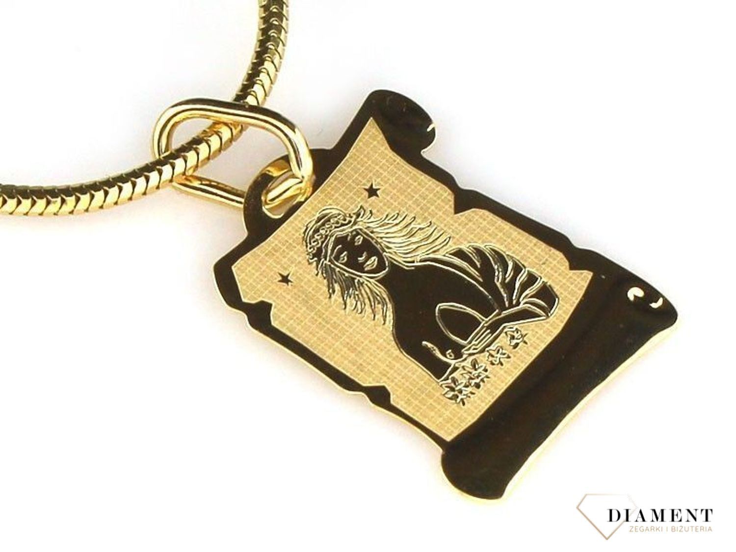 Zawieszka znak zodiaku Panna w kształcie zwoju papirusu. Całość została wykonana ze złota 585,.jpg